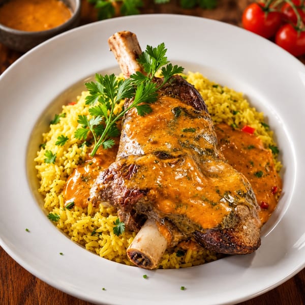 Braised lamb shank with orange sauce and parsley, served over yellow rice in a white bowl.