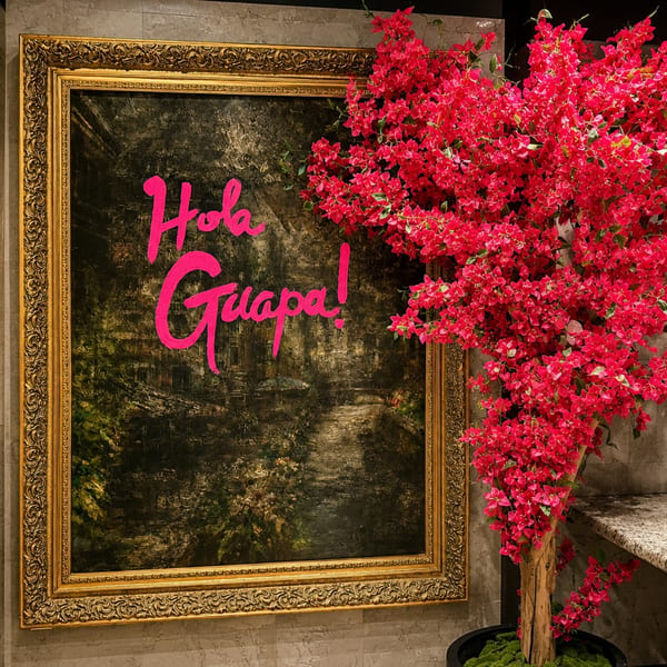 Ornate gold-framed mirror displaying “Hola Guapa!” beside a vibrant pink bougainvillea arrangement in a restaurant interior.