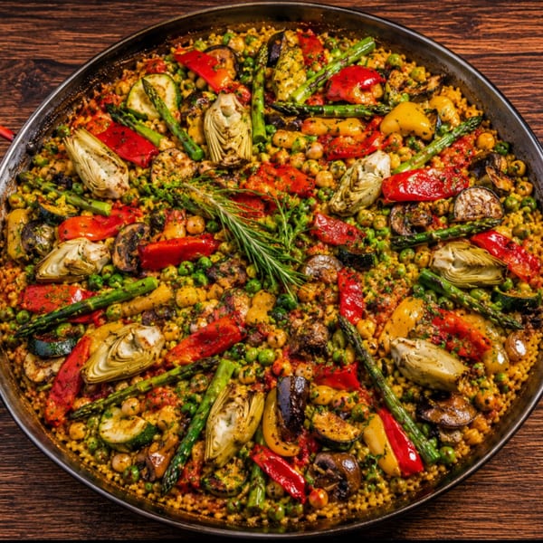 Vegetable paella in a large black pan, with artichokes, asparagus, bell peppers, and chickpeas.
