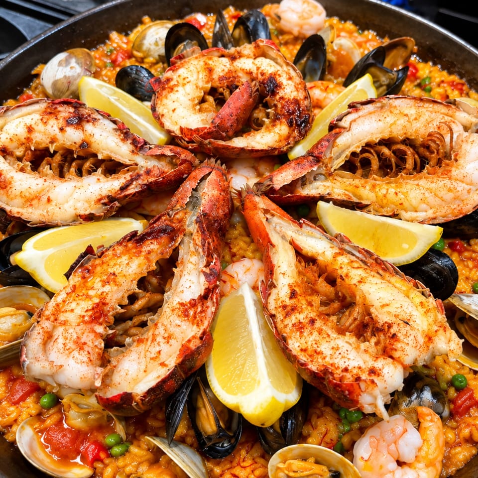 Seafood paella topped with lobster claws, shrimp, mussels, clams, and lemon wedges.