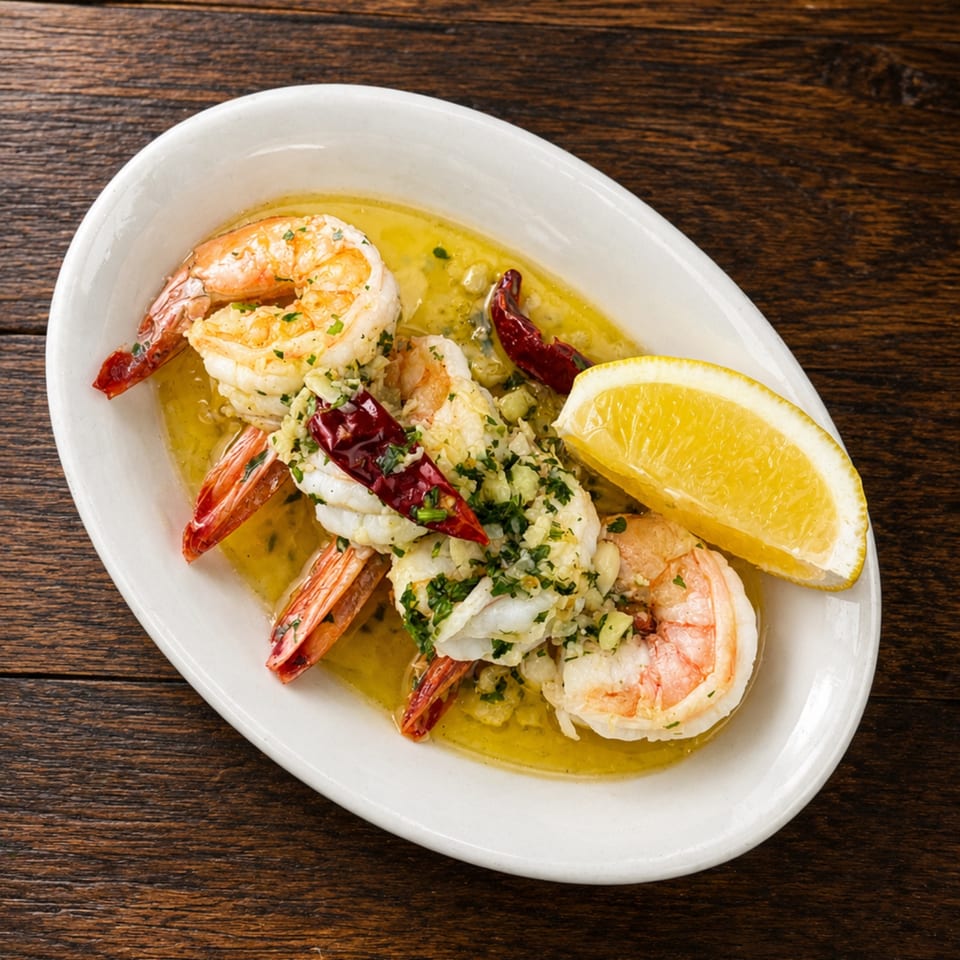 Garlic shrimp garnished with herbs and dried chilies in golden oil, served with an orange wedge on a white plate.