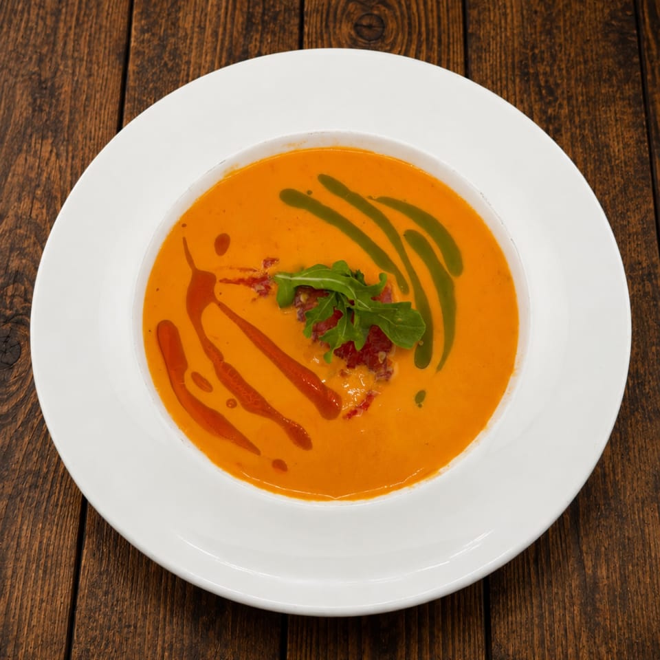 Bowl of creamy orange soup garnished with greens, bacon, and red and green sauce drizzles on a white plate.