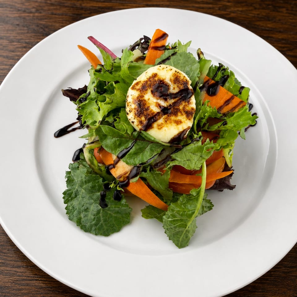 Mixed green salad with roasted carrots, grilled cheese, and balsamic glaze on a white plate.