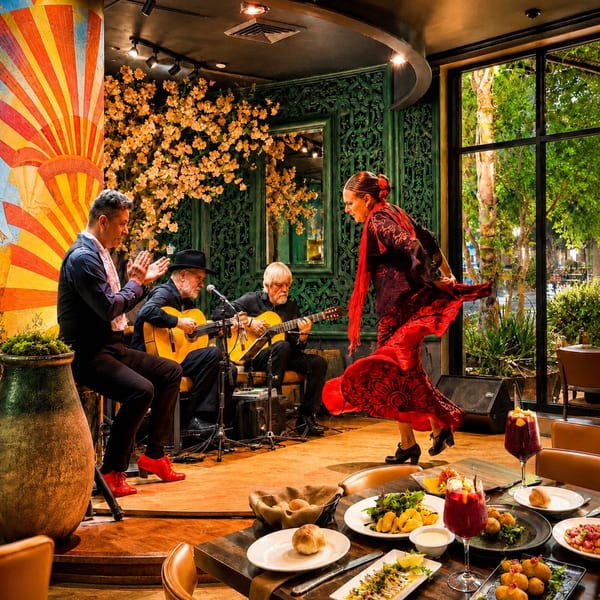 Flamenco dancers and musicians perform in a vibrant restaurant with tapas, sangria, and a large window.