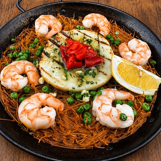 Seafood Noodle Paella (Fideua).