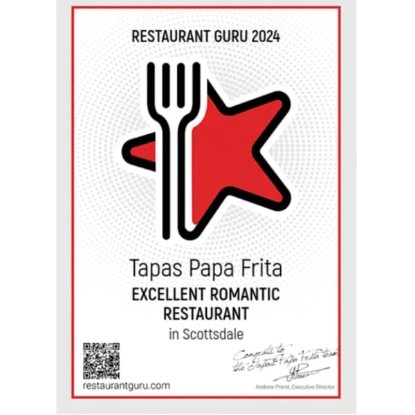 Restaurant Guru 2024 award for Tapas Papa Frita as an Excellent Romantic Restaurant in Scottsdale.